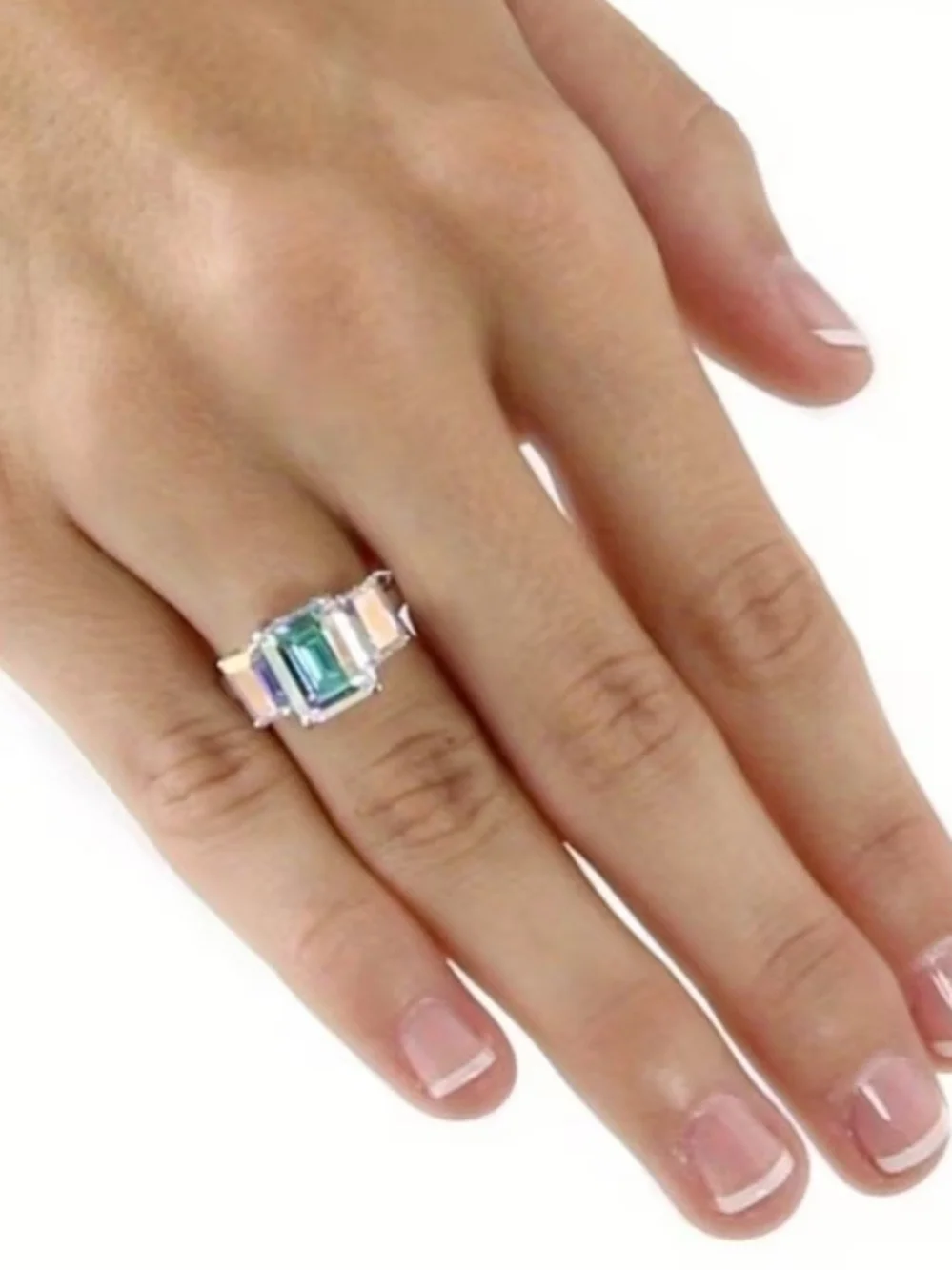 Silver-Setting Aurora Three-Stone Emerald-Cut Ring in Multicolor